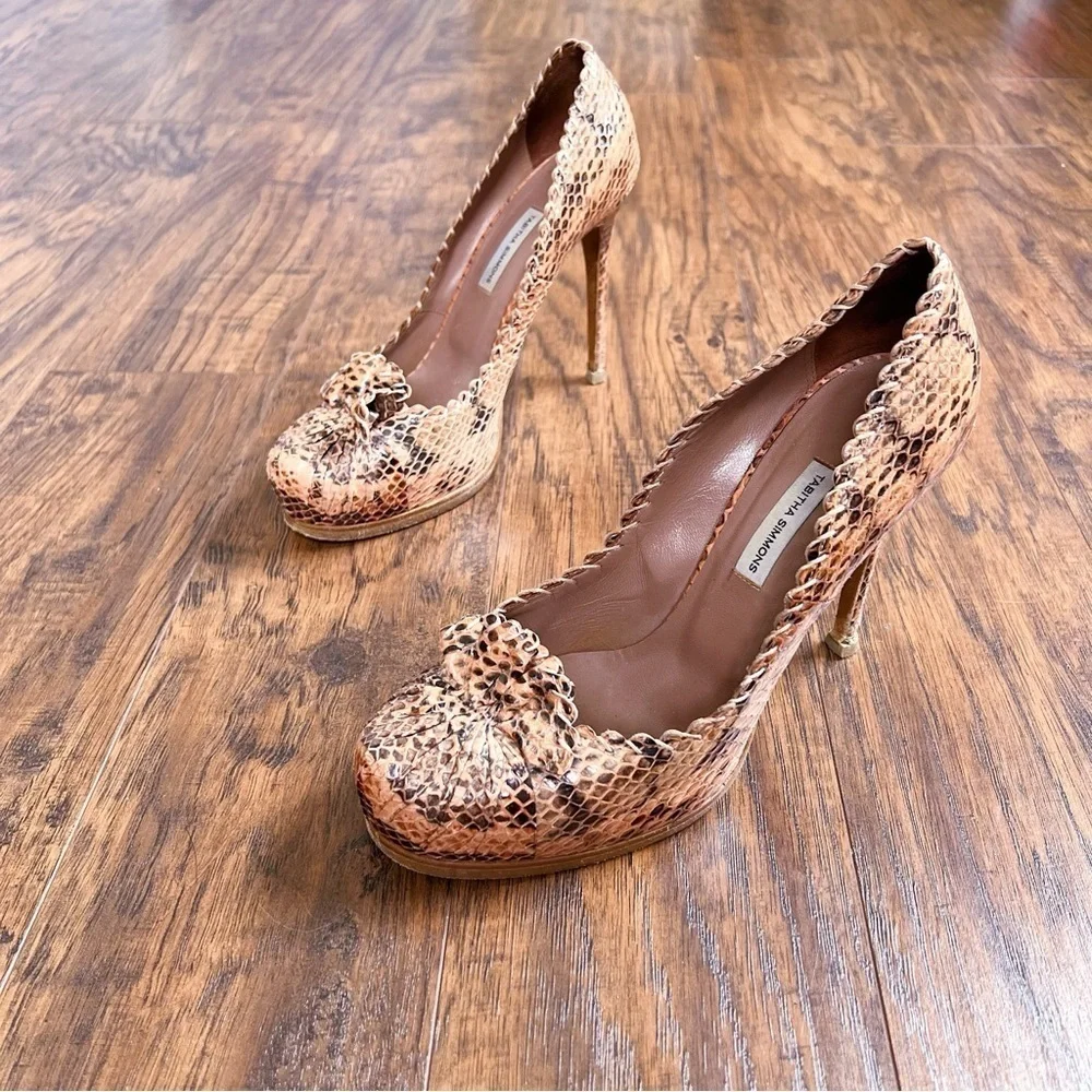 Tabitha Simmons • snakeskin pumps platform coral whipstitch ruffle stiletto
